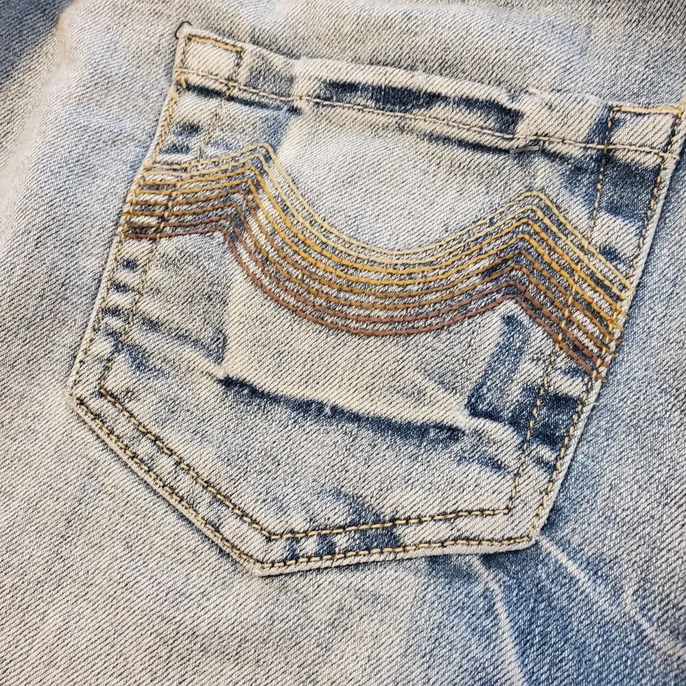 Vtg Mossimo Denim Knee Length Skirt Jean Boho Distressed Faded Hippie Western